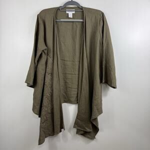 Peck & Peck 100% Linen Brown Cardigan Large Lagenlook Bohemian Embroidery Beaded